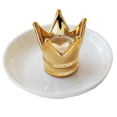 China Art Decor Golden Crown Ring Stand with White Ceramic Dish for Jewelry - Ceramic Jewelry Dish Display Festival Gifts for sale