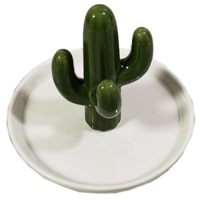 China China Craft Green Cactus Shape Ring Holder With White Ceramic Dish For Jewelry - Ceramic Jewelry Dish Display Festival Gifts for sale