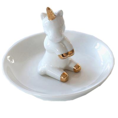 China Art Decor White Unicorn Shape Ring Holder with White Ceramic Dish for Jewelry - Ceramic Jewelry Dish Display Festival Gifts for sale