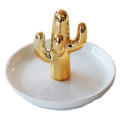 China Art Decor Golden Cactus Shape Ring Holder With White Ceramic Dish For Jewelry - Ceramic Jewelry Dish Display Festival Gifts for sale