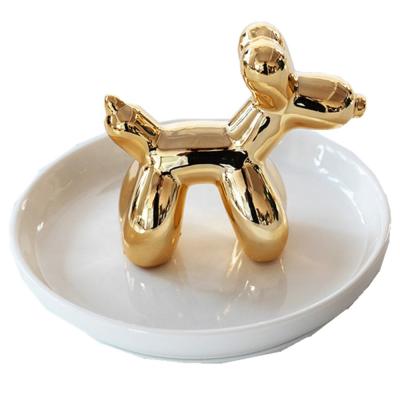 China Art Decor Home Decor Jewelry Dish Display Green Ceramic Balloon Dog Shape Ring Holder Table Storage Ceramic Dish White Dish Tray for sale