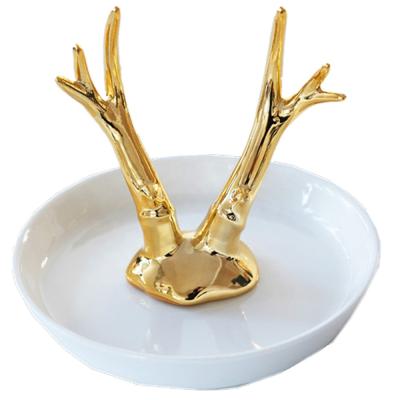 China Art Decor Home Decoration Ceramic Jewelry Display Green Deer Horn Shape Ring Holder Table Storage Ceramic Plate White Dish Tray for sale