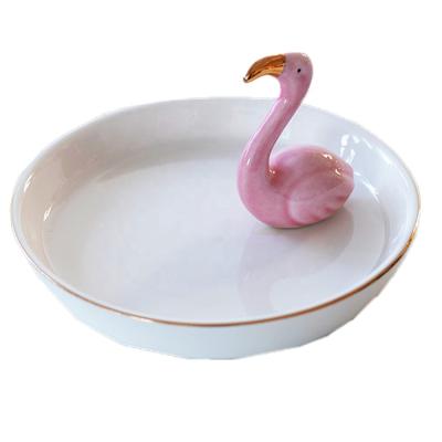 China Art Decor Pink Flamingo Shape Ring Holder With White Edge Ceramic Gold Jewelry Dish For Jewelry Dish With Animal Shape As Gift for sale