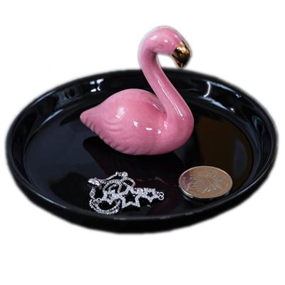 China Art Decor Pink Flamingo Shape Ring Holder with Black Ceramic Jewelry Dish for Jewelry Dish Display Festival Gifts Home Deco for sale