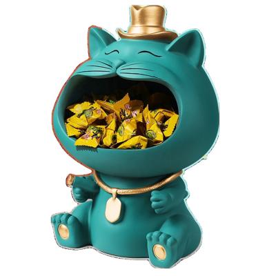 China Resin Stylish Nordic Creative Desk Decor Design Style Ins Cute Animal Sculptures Big Mouth Cat Holding Storage Tray, For Keys, Candy for sale