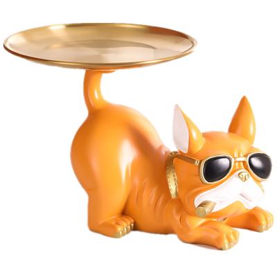 China Nordic Stylish Long Tail Bulldog Home Decor Resin Design Style Ins Cute Animal Cute Animal Sculptures Stand Storage Tray for sale