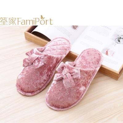 China Pink Velvet Bowknot Anti-odor Soft Fluffy Indoor Slippers Ladies Flat Closed Shoes for sale