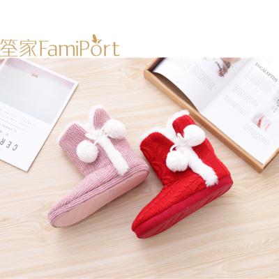 China Anti-odor hot sale women indoor fur knitted slipper boots with pom pom for sale