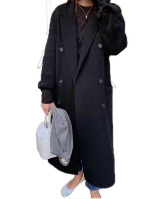 China Breathable Black Double Breasted Coat Women's Winter Long Trench Overcoat 100% Pure Handmade Wool Coat for sale