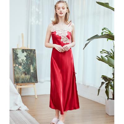 China Breathable Long Satin Deep V Neck Sling Lace Open Brides Women's Sleepwear Lounge Wear Nightgown For Ladies for sale