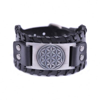 China Dropshipping yes the newest Cherish Our Life and life is the most important flower of life pattern wide black leather bracelet for sale