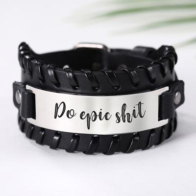 China New Fashion Jewelry CLASSIC Adjustable Cuff Bracelet Wide Leather With Inspirational Words Bracelet For Men's Gifts for sale