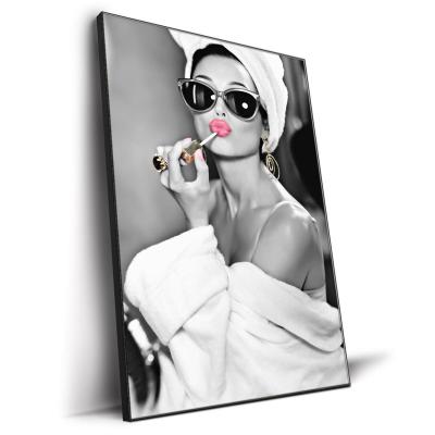 China Waterproof+ECO-Friendly Fashion Perfume Audrey Hepburn Makeup Pink Lipstick Pretty Beauty Black and White Canvas Art Painting Canvas Prints for sale