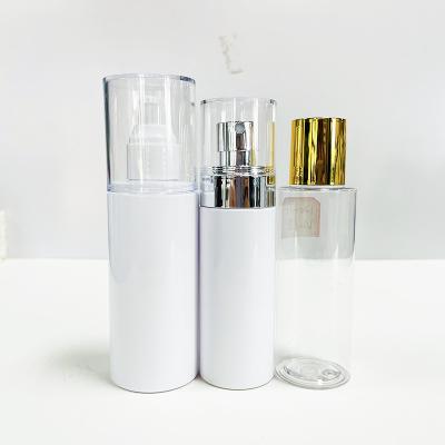 China 100ml 120ml 150ml 200ml 250ml Cosmetic Empty Clear Flat Shoulder Plastic Bottles Silver Gold Lid Toner Bottle With Cap for sale