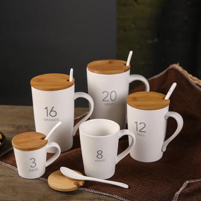 China Viable Ceramic Bone China Mug Tea Cup Logo Heat Printing Custom Mug With Wooden Lid With Spoon 304 Stainless Steel for sale