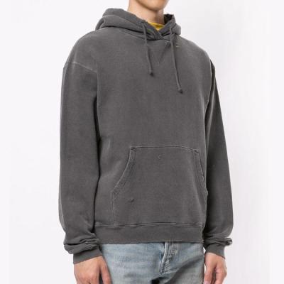 China Wholesale Anti-wrinkle 2023 New Fashion Blank Gray Hoodies Customized Logo Men's Drawstring Ripped Distressed Washed Hoodie for sale