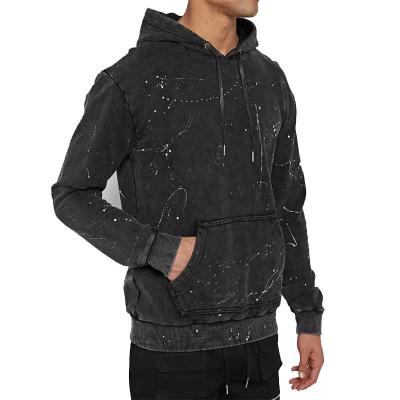 China Custom Black Washed Faded Hooded Sweatshirts High Street Logo Embossed Hoodie Men Vintage Anti-Wrinkle Hoodies Pullover Paint Cotton for sale