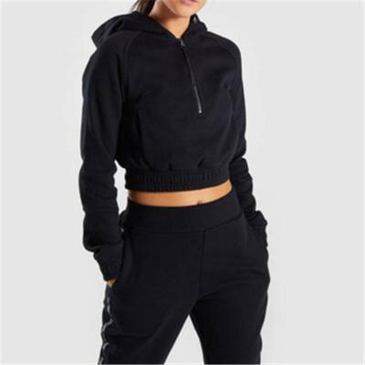 China Wholesale Anti-wrinkle Custom Gym Half Zip Hoodies Blank Sweatshirts With Zipper Women Crop Top Black Cropped Hoodies For Women for sale