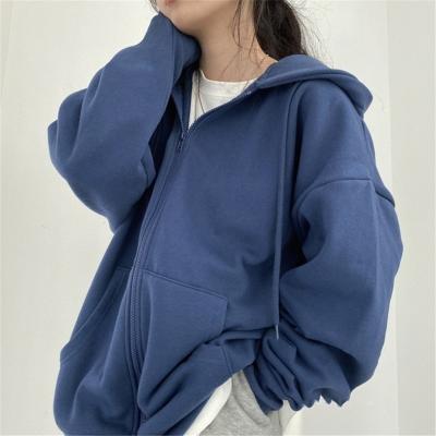 China Anti-Wrinkle Women Casual Oversized Sweatshirt Streetwear Fleece Hoodies Solid Color Female Hooded Jackets Pocket Loose Zipper Hoodies for sale