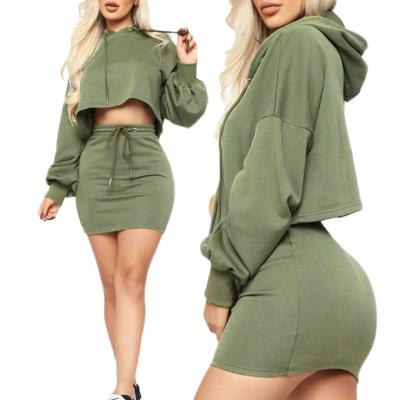 China Anti-pilling Best Fleece Wholesale Tech Tracksuits For Women Solid Hooded Sweatsuit Set Drawstring Crop Top And Skirt Set for sale