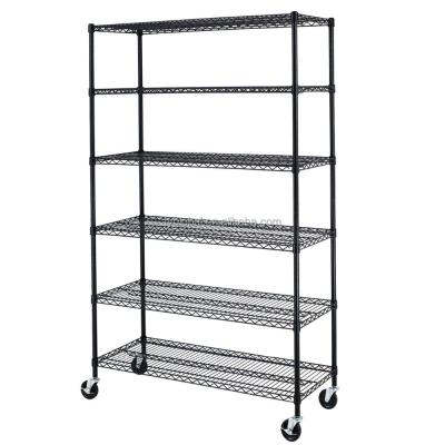 China Others Black High Quality 6 Layers Shelving Rack Steel Wire Shelf With Wheels for sale