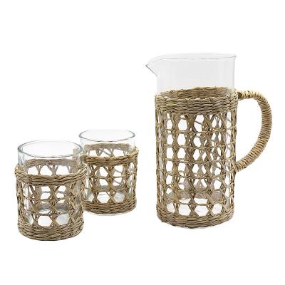 China CLASSIC Hot Selling Glass Drinkware Pitcher And Cup Set With Wicker Wrap for sale