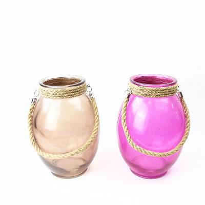 China Who respects the environment. Customized Candle Holder Glass Vase Glass Lantern Stocked with Hemp Rope for sale