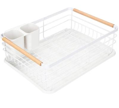 China White Kitchen Stainless Steel Dish Rack Kitchen Dish Drainer Cup And Organizer With Wood for sale