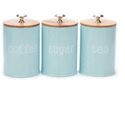 China Light Blue Freshness Storage Kitchen Canister Set Tea Sugar Metal Coffee Canisters Kitchen Stainless Steel Storage Jars for sale