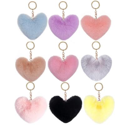 China 2020 Cute Rabbit Heart Shaped Fluffy Fur Balls Plush Pompom Keychain Promotion Gift Soft Furball Key Chain Pom Pom Keychain for sale