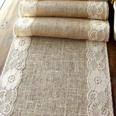 China Sustainable 100% Natural Burlap Fabric Burlap Fabric And White Lace Table Runner for sale