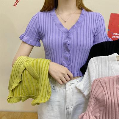 China New Anti-Wrinkle Sleeve T-shirt Lady V Neck Short Sleeve Sweater Women Sweater Knitted Wholesale New Short Cardigan for sale