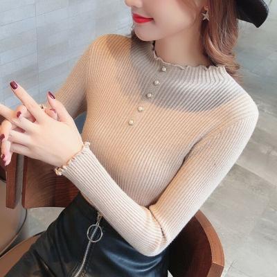 China 2021 New Fashion Anti-wrinkle Thin Fitted Beaded Pearl Decorate Sweater Long Sleeve Solid Color Knit Thin Casual Sweater for sale