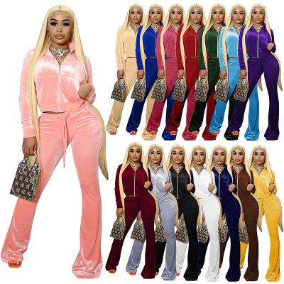 China Wholesale Breathable Cheap Hot Sale Women Clothes Autumn Winter Long Sleeve Flare Pants Tracksuit Top Velvet Matching Velvet Long 2 Piece Set for sale