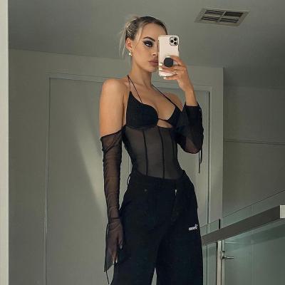 China Breathable Anti-wrinkle Halter Mesh Bra Women's Tank Top Night Wear For Woman Club Wear Net Yarn Perspective Gear See Through Tops for sale