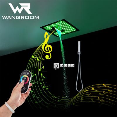 China Without Slide Bar Square SUS304 400*400MM Bathroom Music Thermostatic Luxury Colorful Shower Head Custom Shower LED Color Shower for sale