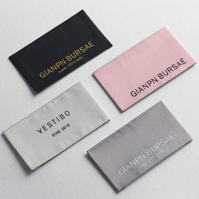 China Sustainable high quality private eco-friendly polyester woven label logo label for clothes damask satin patch polyester label for sale