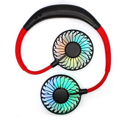 China Rechargeable Portable Mini Neck Double USB Fans LED Light Band Fan 3 Speed ​​Adjustable For Home Office for sale