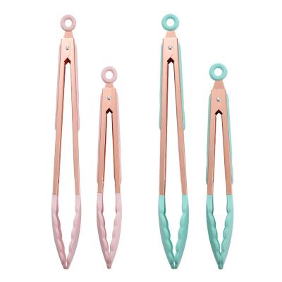 China High quality viable in stock 7 9 12 inch 2pcs mini silicone tongs set with copper plated rose gold finished, food tongs, salad tongs for sale