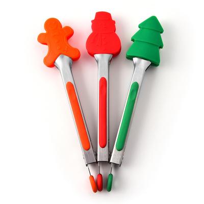 China New Design Viable Hot Selling Holidays 7 Inch Mini Silicone Christmas Food Tongs Salad Tongs Set Stainless Steel Food Clips for sale