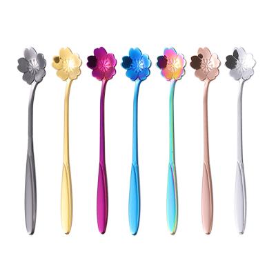 China Sustainable Stainless Steel Customize Personality Logo Plum Blossom Shape Cocktail Spoon Long Ice Cream Scoop Mixing Spoon for sale