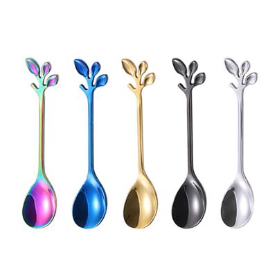 China Sustainable Titanium Stainless Steel Food Grade Leaves One Spoon Dessert Ice Cream Mini Teaspoon for sale