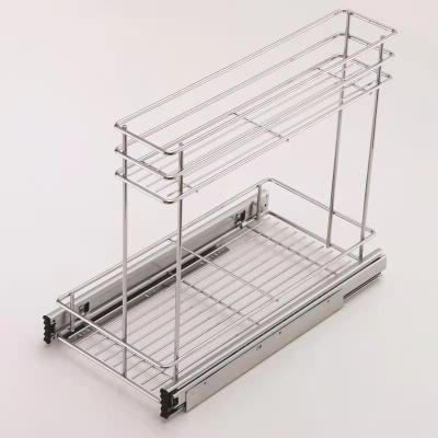 China Minimalist 2 Tier Under Sink Pull Out Cabinet Organizer Slide Wire Shelf Basket For Kitchen Base Cabinets Storage Bottom Mounted Basket for sale