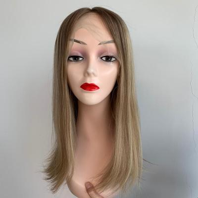 China Natural Straight Blonde Lace Top Jewish Wig With Dark Ash Root Double Lace Top for sale