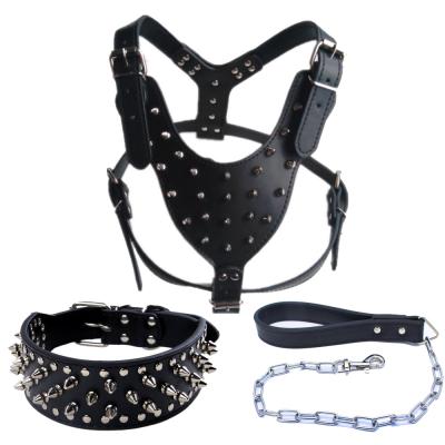 China Dropshipping Viable Leather Medium Large Pit Bull Mastiff Spike Chain Leash Collar Dog Harness Set for sale