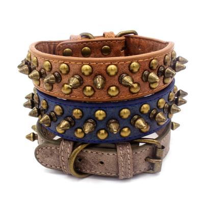 China Dropshipping Viable Brown Studded Leather Collars Spike Bull Bulldog Adjustable Pointed Dog Collar for sale