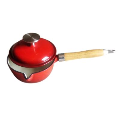 China Sustainable High Quality Non-stick Wooden Handle Cast Iron Milk Pan Sauce Pan With Lid Sauce Pot for sale