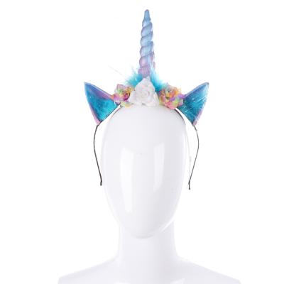 China Fabric RST Children's Unicorn Gold Horn Halloween Party with Floral Headdress for Kids for sale