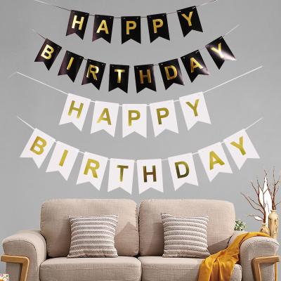 China Holiday Decoration 11.3CM*20.7CM Happy Birthday Stock Hanging Paper Banner Bronzing Letter Fishtail Flag For Birthday Decoration for sale