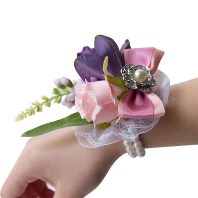 China Wedding Party Decor Bride Handcrafted Wedding Flower Corsage Champagne Satin Bow Pearl Wrist Flower for sale